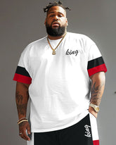 Big Guys Casual Simple Red And Black Color Block King Printed T-Shirt Shorts Set